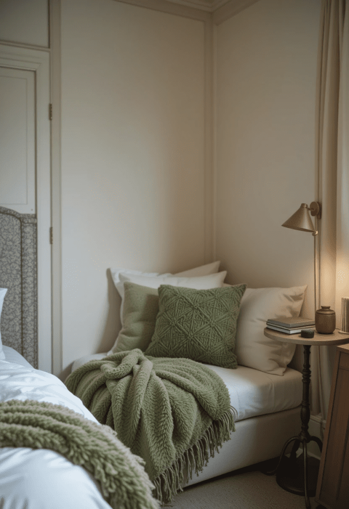 A cozy corner in a bedroom with green throw blankets, white cushions, and soft lighting creating a relaxing retreat.