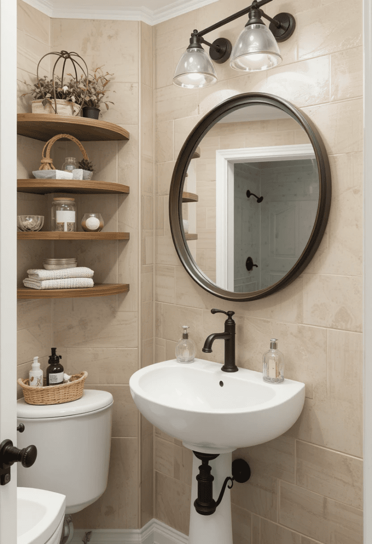 A beige shiplap accent wall in a bathroom with a round mirror, wooden shelves, and black fixtures.