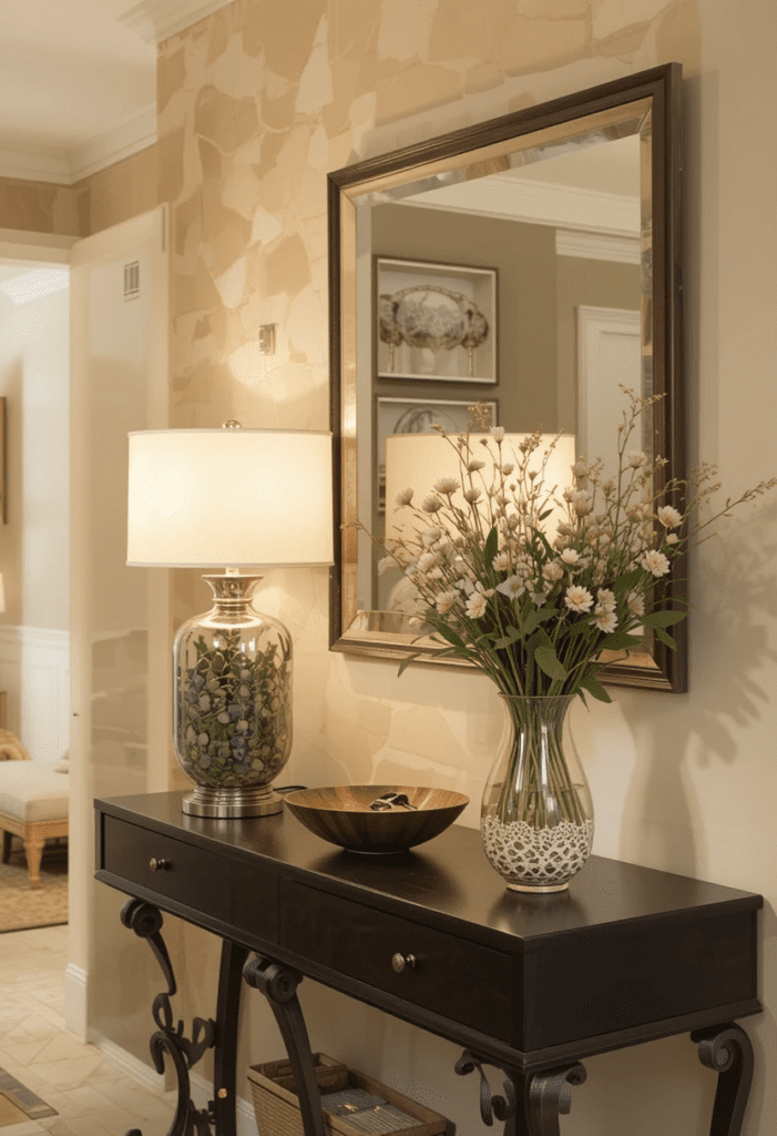 A stylish foyer table in a large entryway, decorated with a lamp, flowers, and a decorative bowl for small essentials.