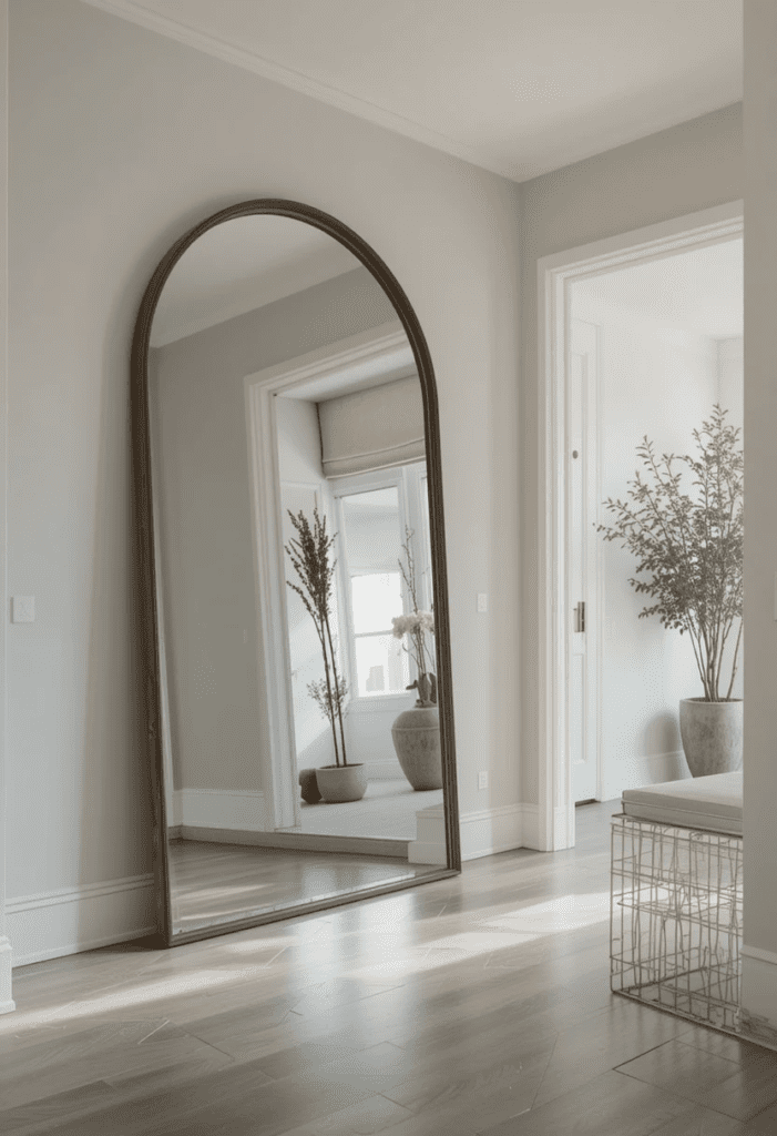 A large entryway with an oversized arched mirror reflecting light, creating a bright and welcoming feel.