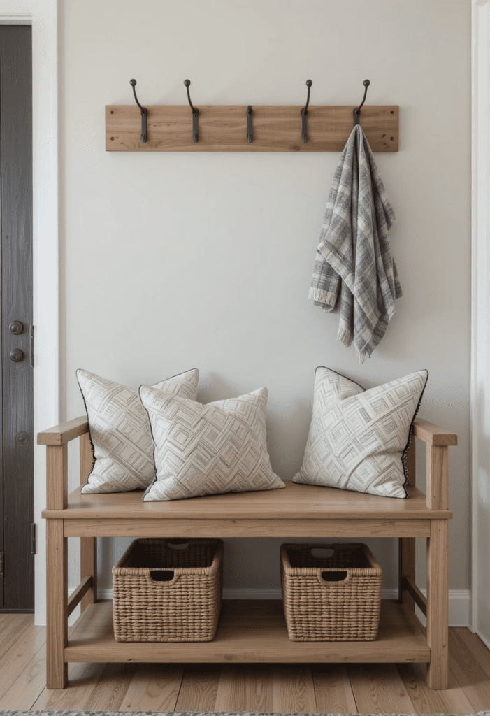 A cozy entryway bench with decorative pillows and a storage basket underneath for added functionality.