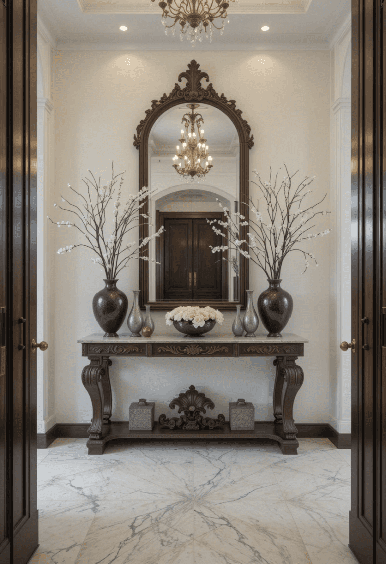 A large entryway featuring a grand console table