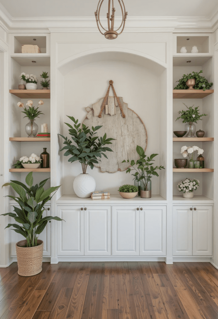  A floor-to-ceiling built-in shelving unit in a large entryway