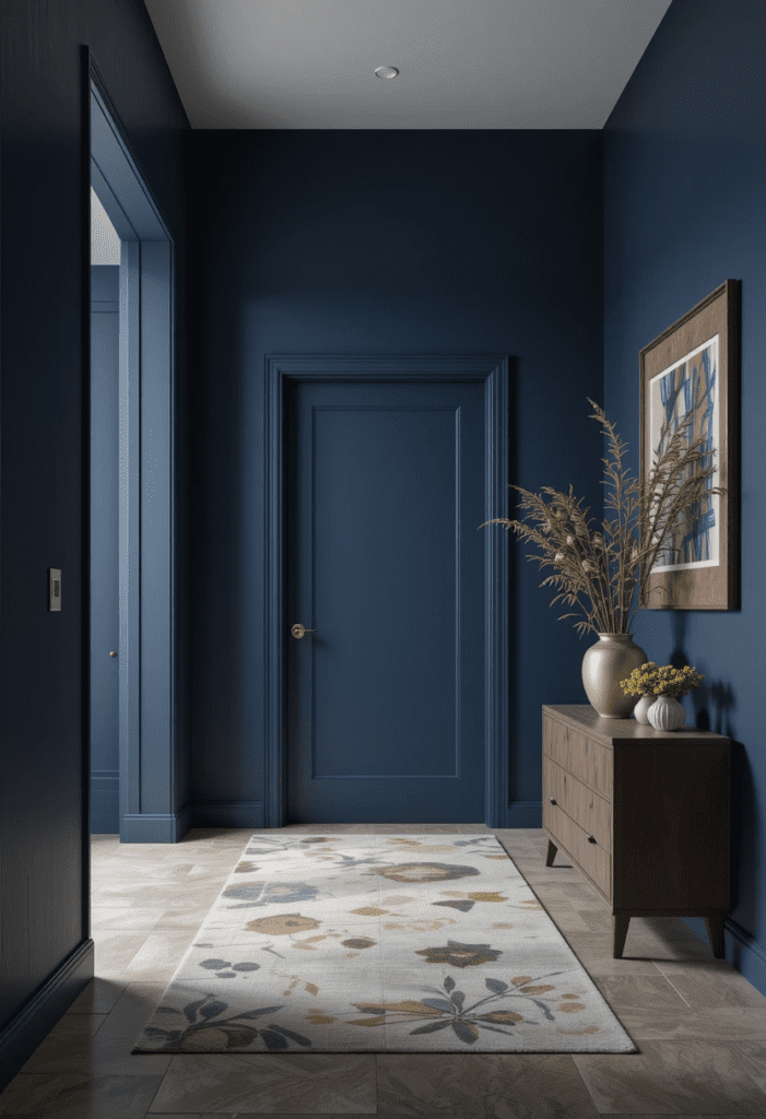 A bold navy accent wall in a large entryway