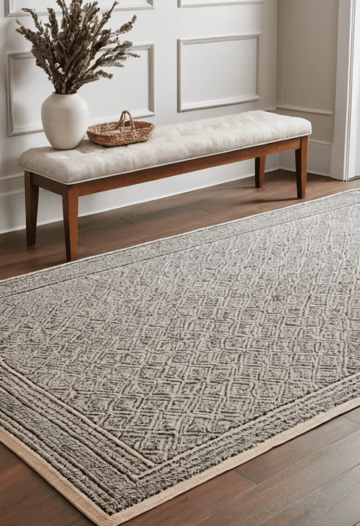 A large entryway with a patterned area rug, adding warmth and texture to the space.