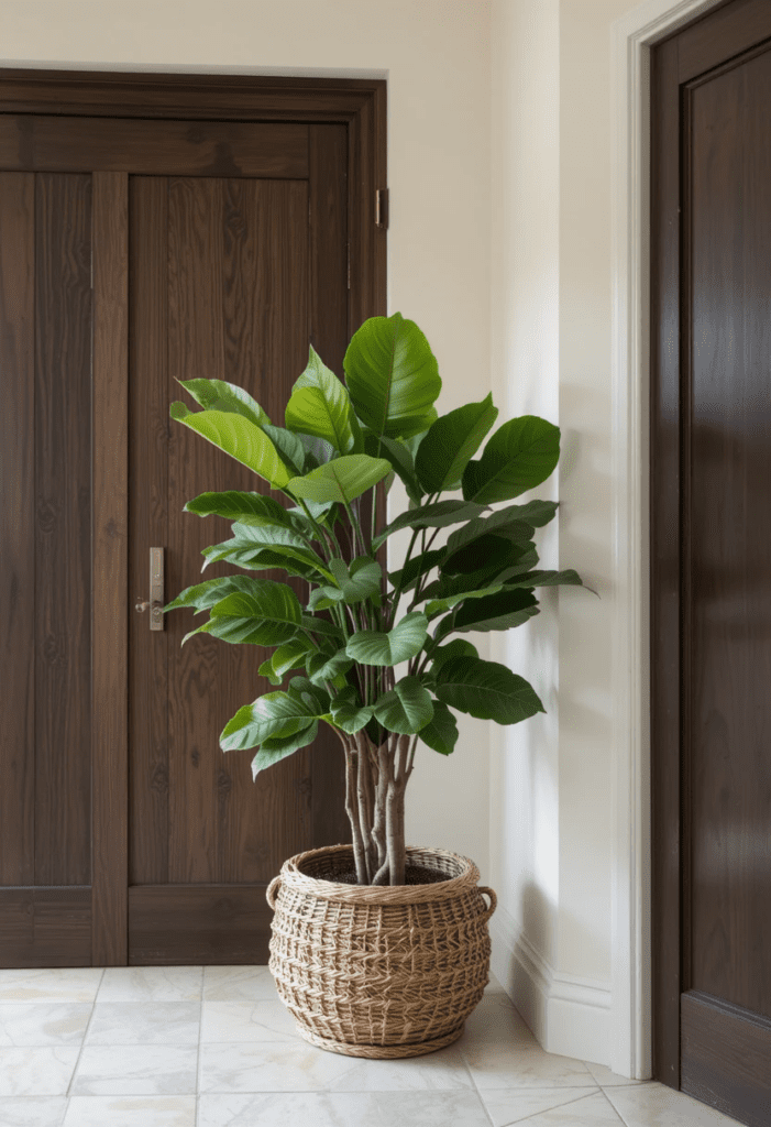 A large entryway with a fiddle leaf fig in a woven basket, bringing in greenery and warmth.