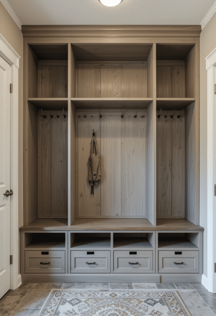  entryway with a built-in mudroom unit featuring cubbies, hooks, and drawers for storage.