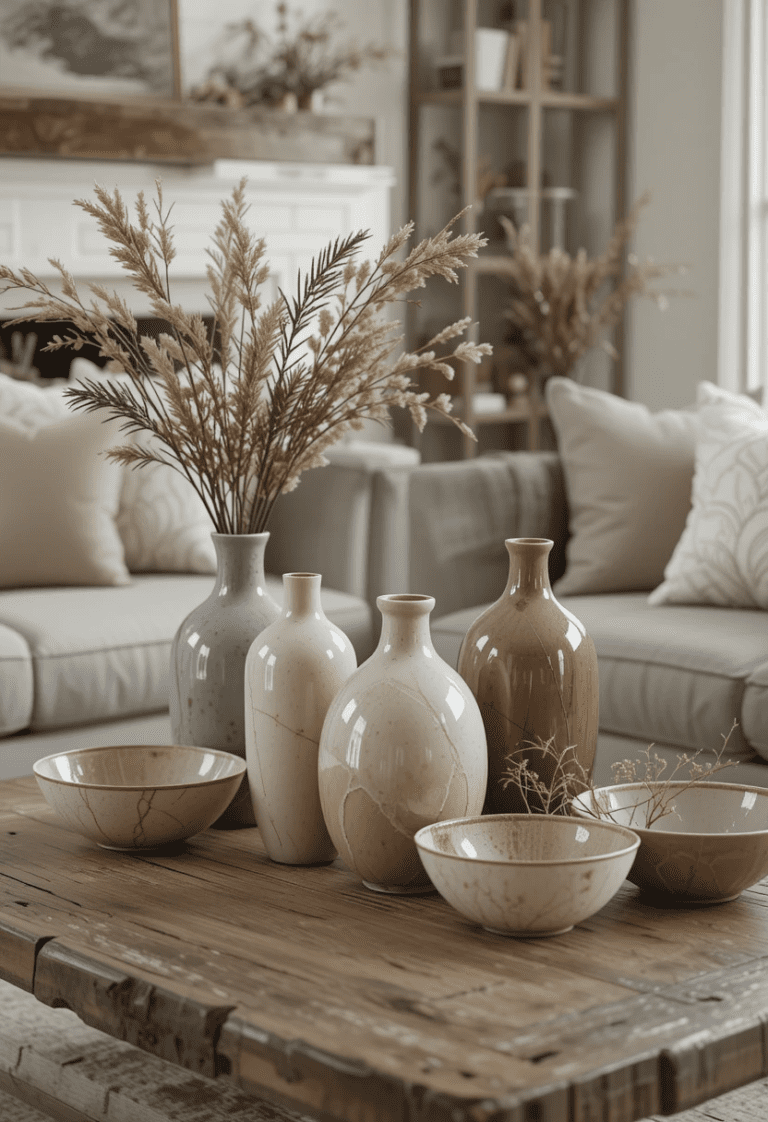 A rustic coffee table in a farmhouse living room featuring ceramic vases and neutral-toned decorative bowls.