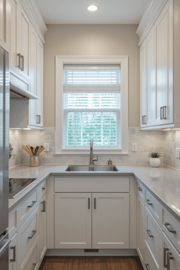 A small kitchen with white cabinets, light gray countertops, and cream walls, creating a bright and open look.