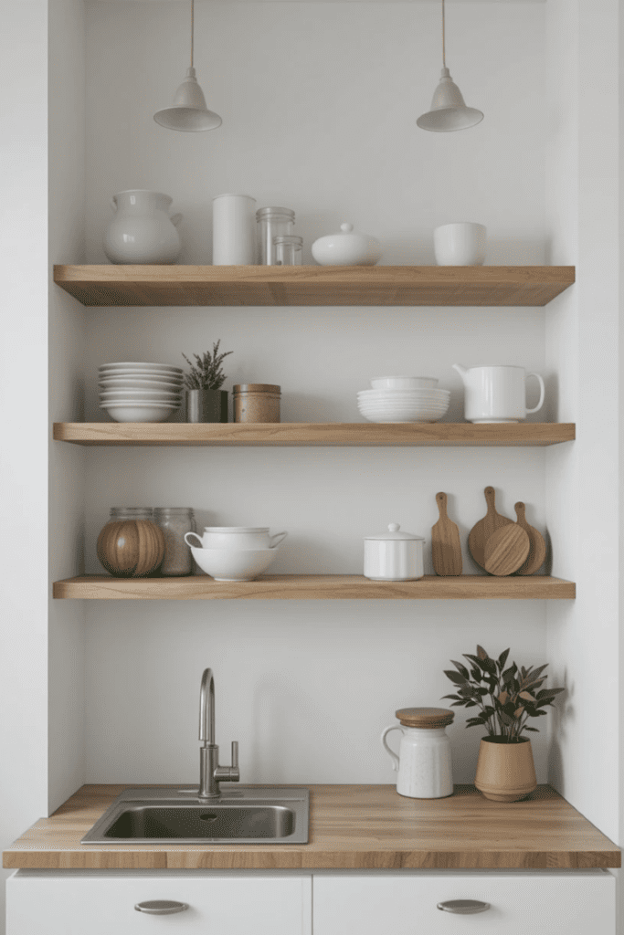 A small kitchen with open shelves on a plain white wall, featuring only a few essential kitchen items.