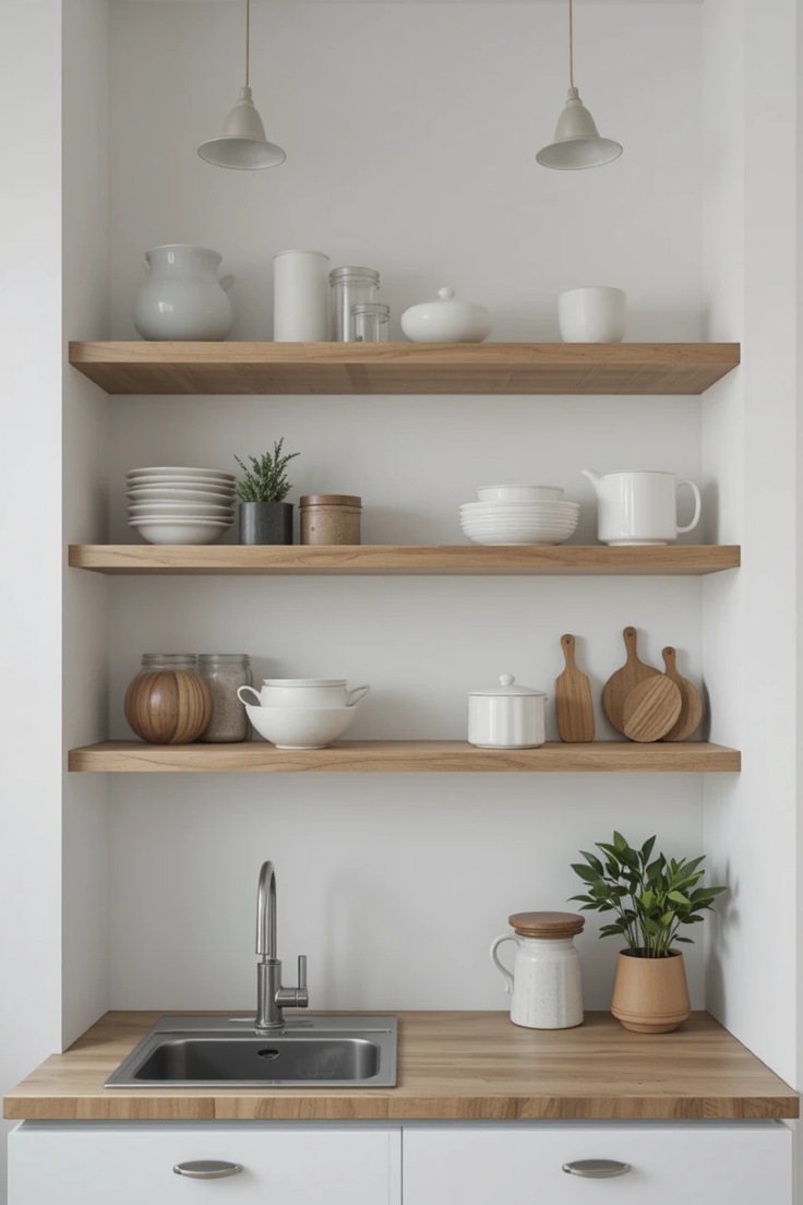 A small kitchen with open shelves on a plain white wall, featuring only a few essential kitchen items.