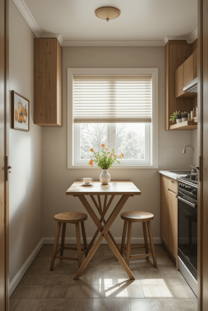 A small, bright kitchen with a foldable table and stools