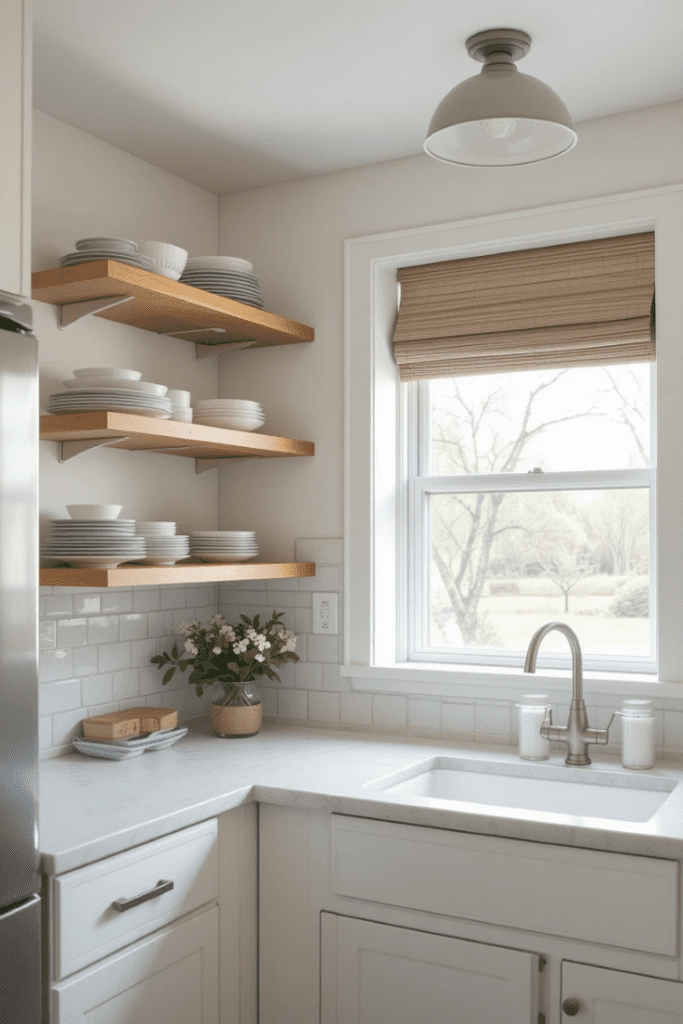 A small kitchen with open wooden shelves, an airy atmosphere, and blinds rolled up for natural light.