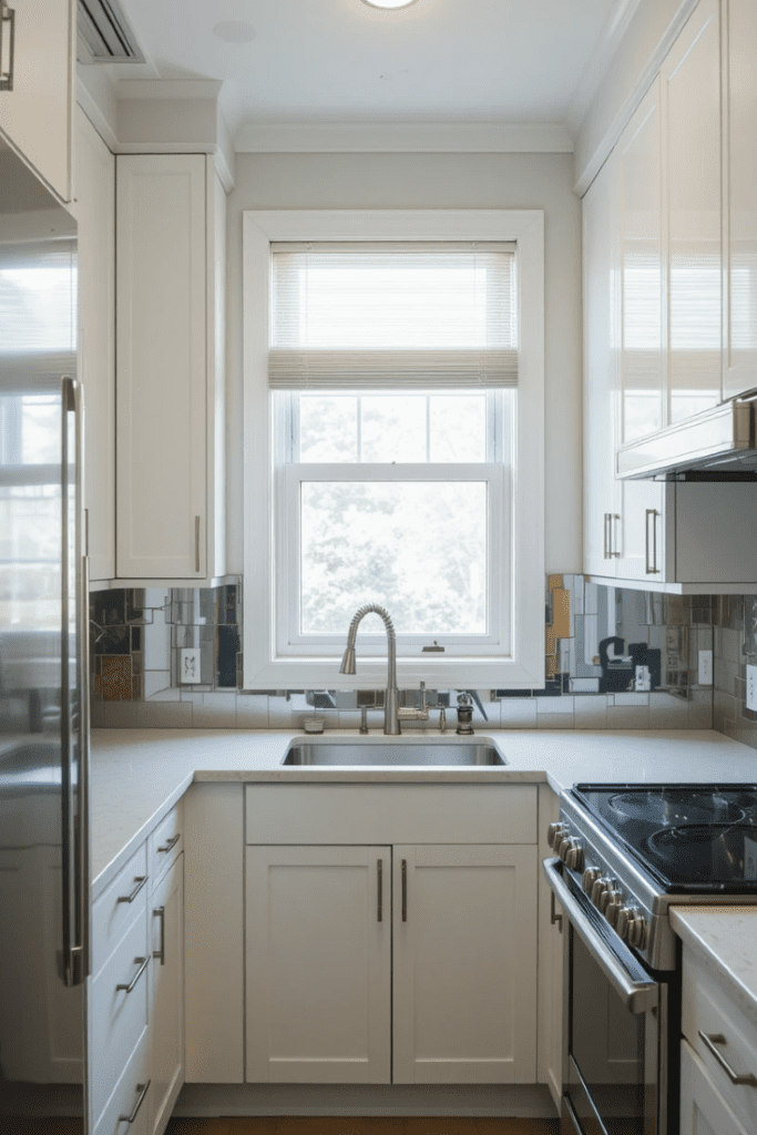 A small, airy kitchen with a mirrored backsplash, glossy cabinets, and blinds rolled up to let in daylight.