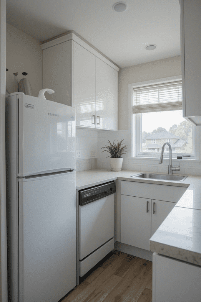 A small, airy kitchen with compact appliances and blinds rolled up to let in natural light.