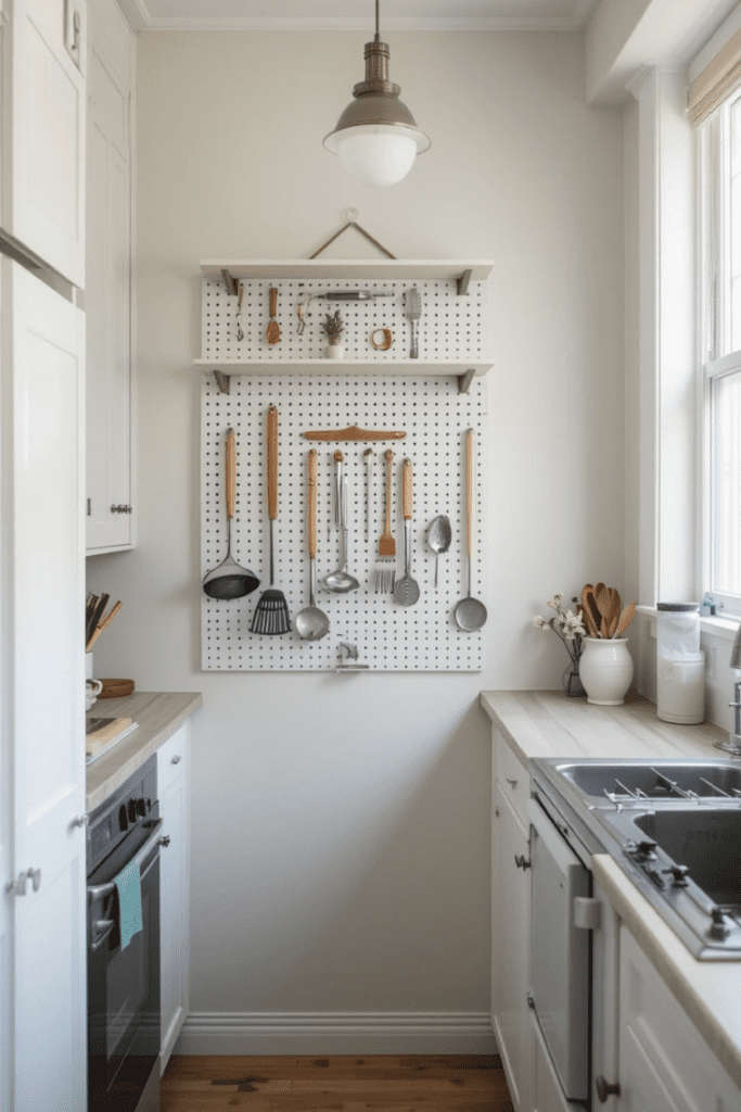 A small kitchen with a pegboard for storage