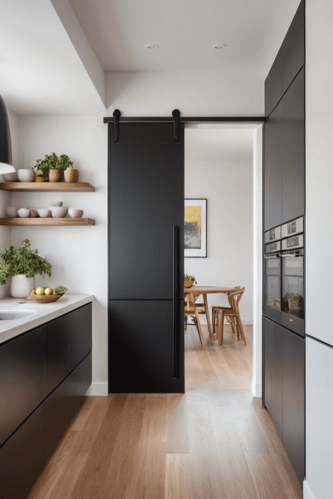 A kitchen with pocket doors and a clean, empty design.