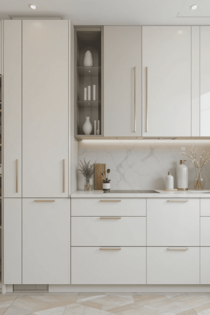 A minimalist kitchen with closed cabinets and a clean, empty space.