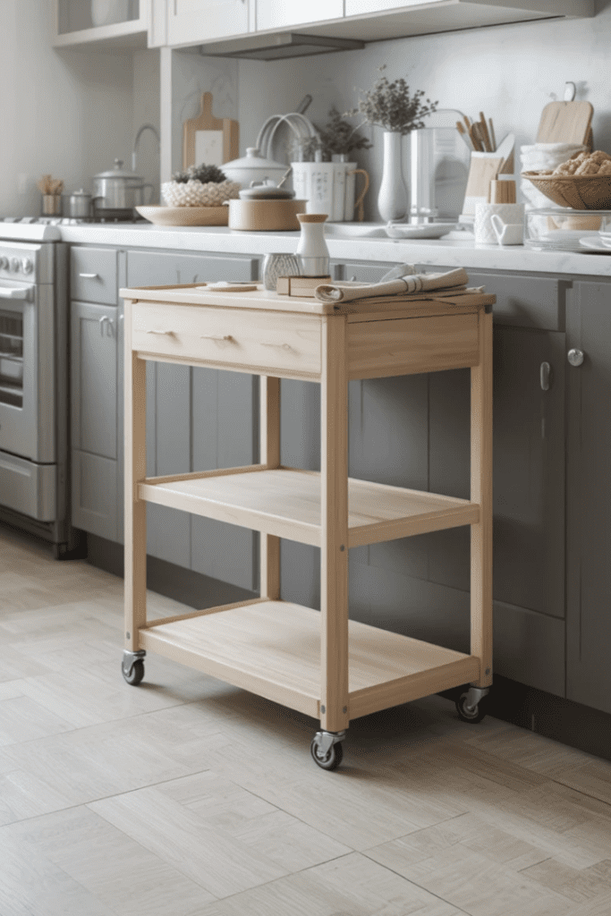 A clean kitchen with an empty rolling cart and a minimalist look.