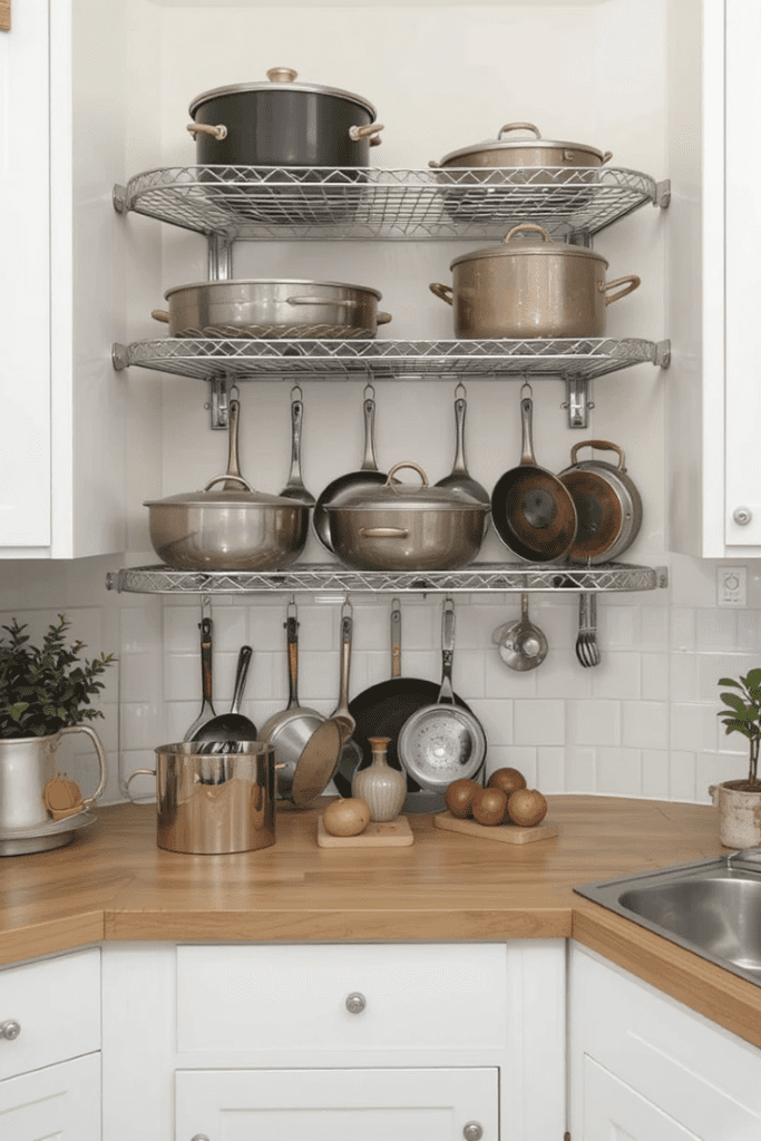 A modern kitchen with an empty hanging rack for pots and pans, no clutter.