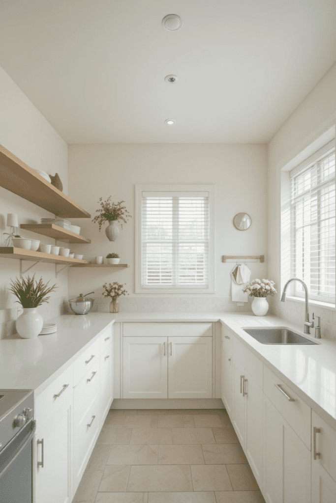 A bright, empty kitchen with an open layout and clean surfaces