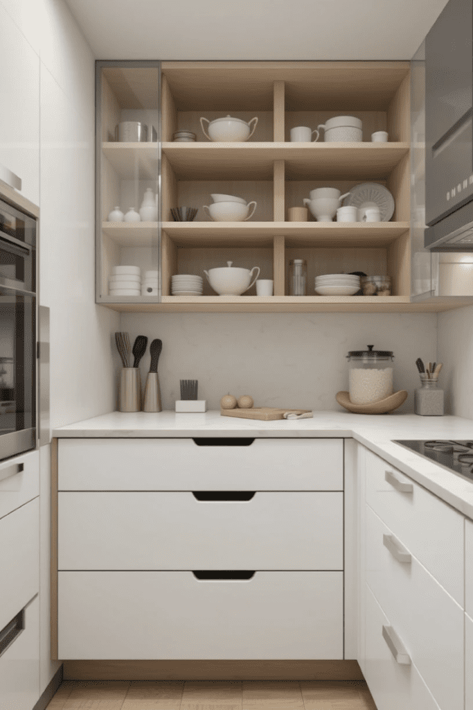 A modern kitchen with sleek storage and empty countertops.