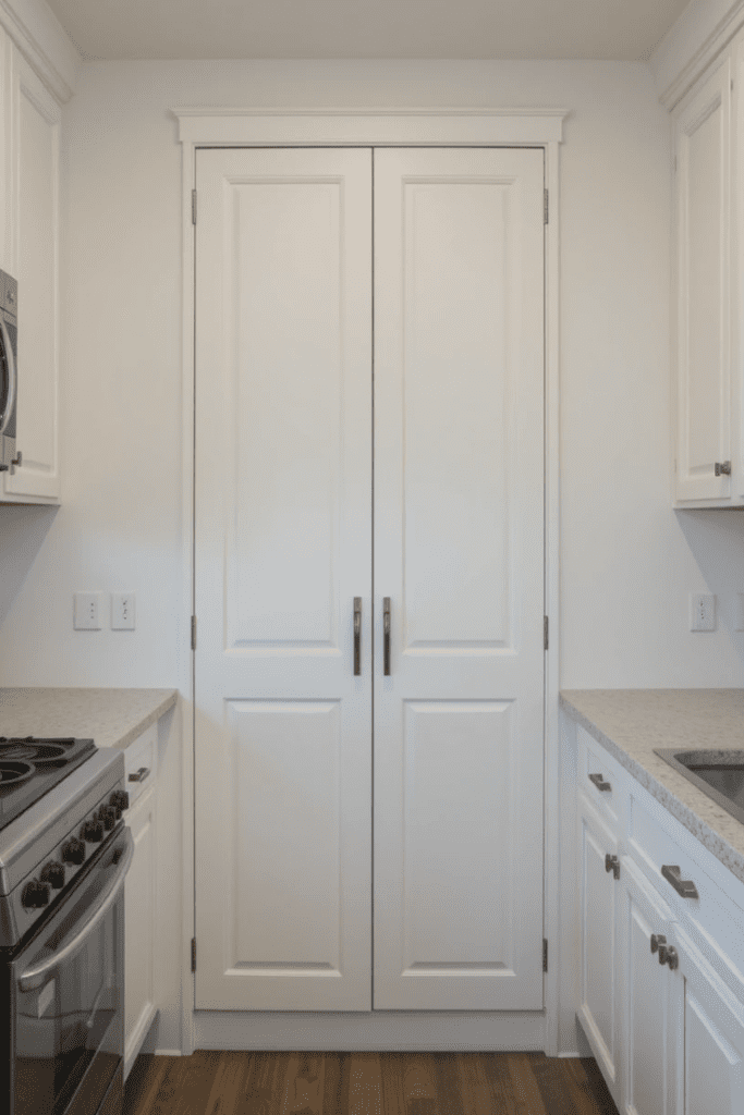 A minimalist kitchen with a closed pull-out pantry and clean countertops.