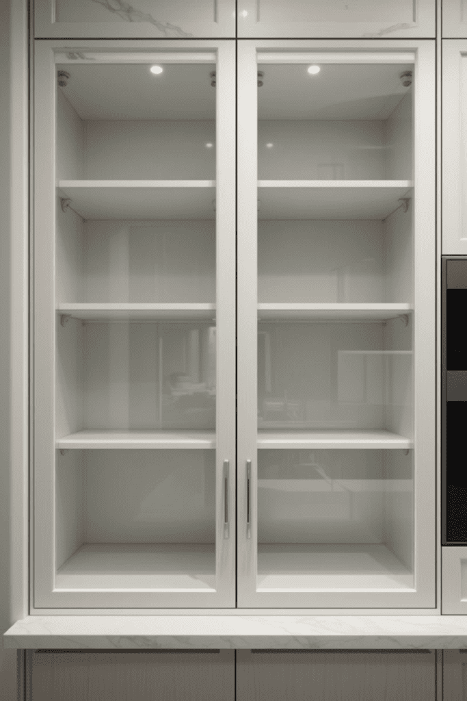 A minimalist kitchen with empty glass-front cabinets and a clean design.