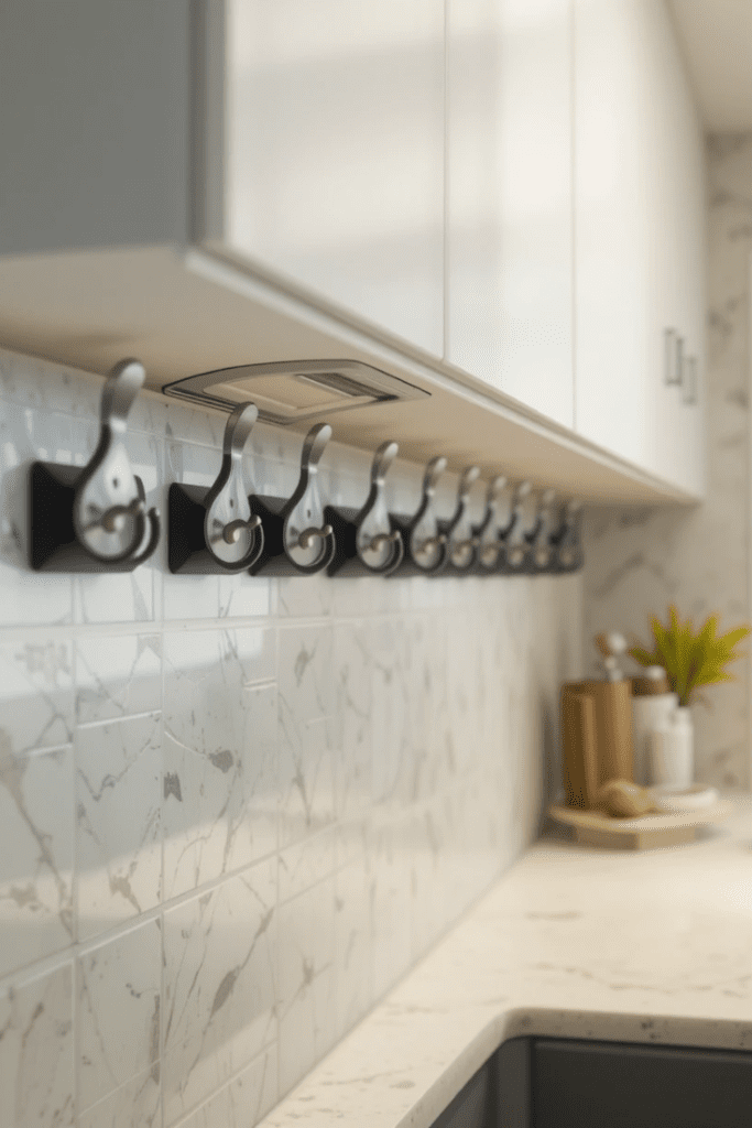 A modern kitchen with empty hooks on the wall and a minimalist design.