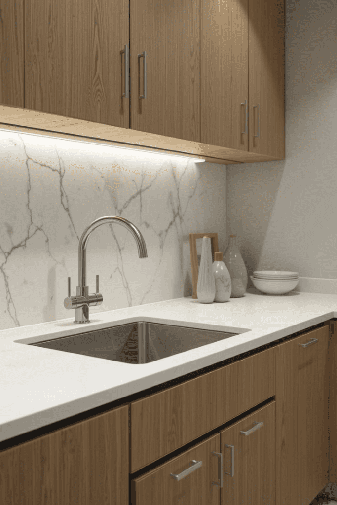 A clean kitchen with a single-basin sink and empty countertops.