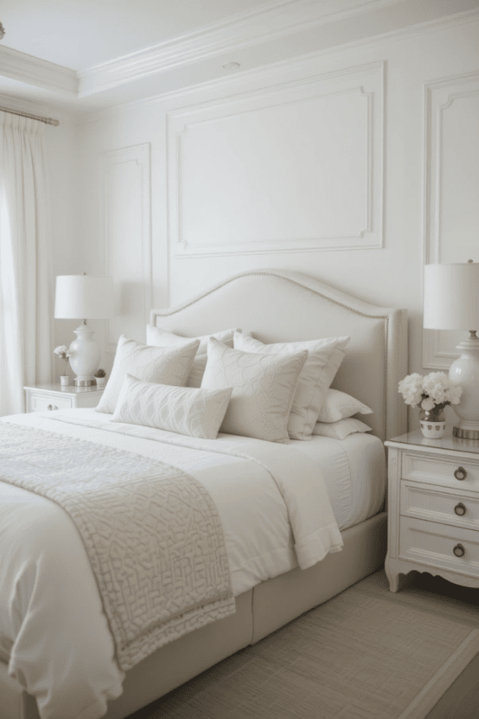 A cozy bedroom with layered white tones, including ivory bedding and crisp white furniture, creating depth and warmth.