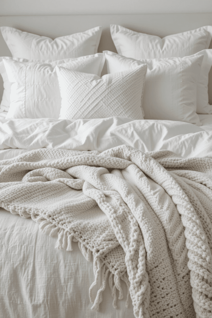 A white bed with layered textured bedding, including linen, knit, and quilted fabrics, for added warmth and dimension.