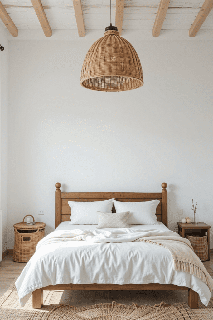 A white bedroom with natural elements like a wooden bed frame and woven accents for a warm, inviting feel.