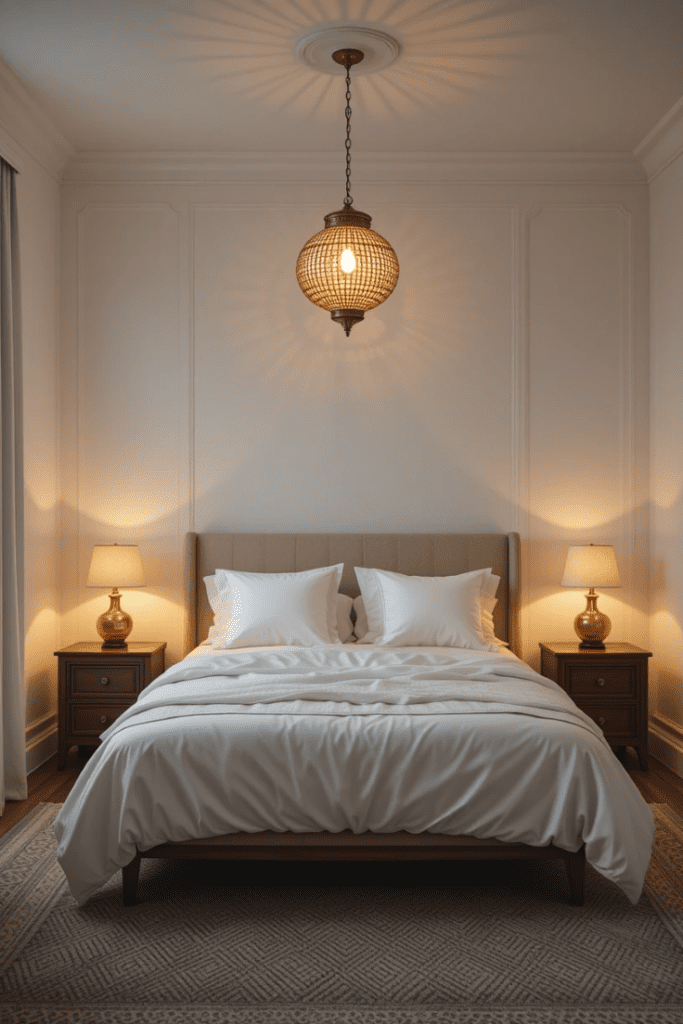 A white bedroom with warm, ambient lighting from bedside lamps and a pendant light, enhancing the cozy ambiance.