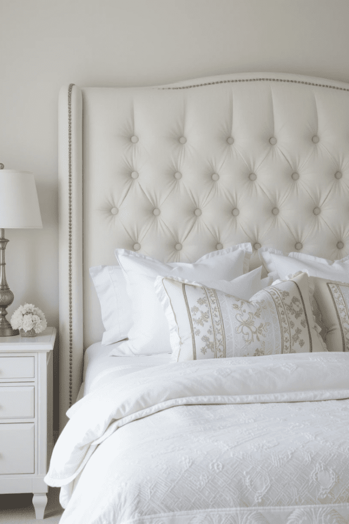 A white bedroom featuring a tufted upholstered headboard as a stylish focal point, adding elegance and comfort.