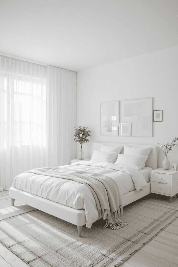 A clutter-free white bedroom with simple, essential furniture and a serene, open feel.