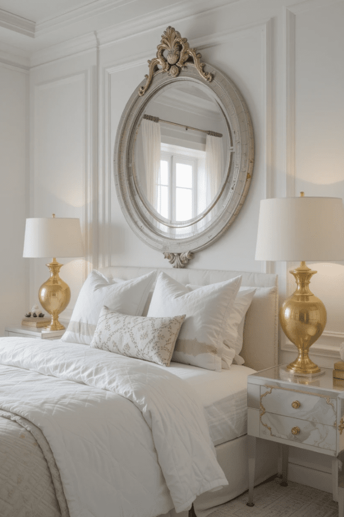 A white bedroom with gold and brass accents, including a metallic mirror and bedside lamps, adding subtle sophistication.