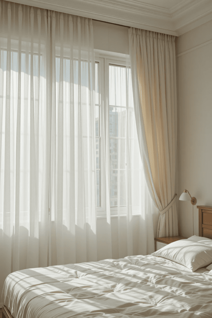 A white bedroom with sheer curtains that enhance natural light while maintaining privacy.