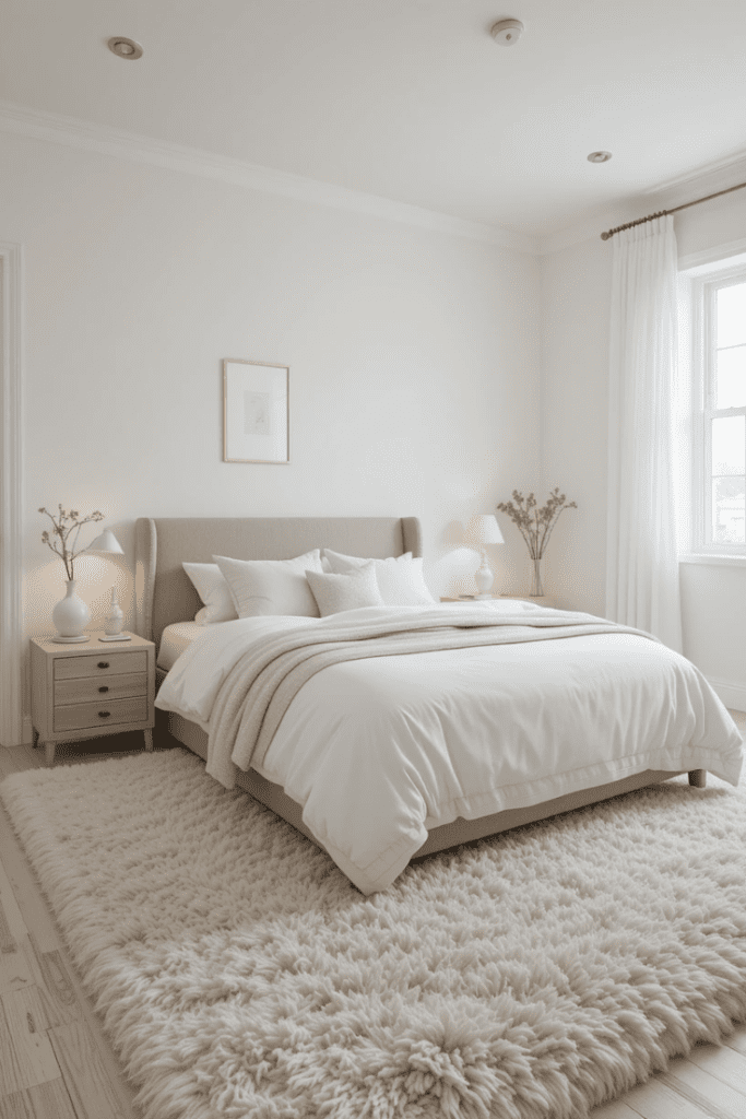 A white bedroom featuring a plush area rug for added comfort and warmth.