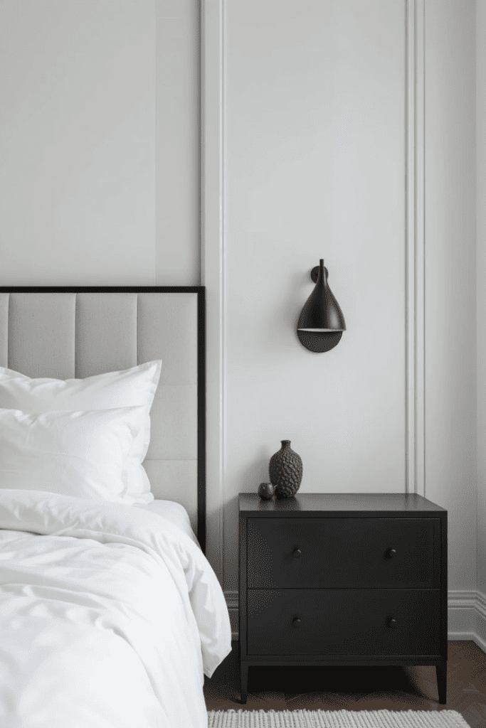 A white bedroom with black accents like nightstands and framed art, adding depth and contrast.