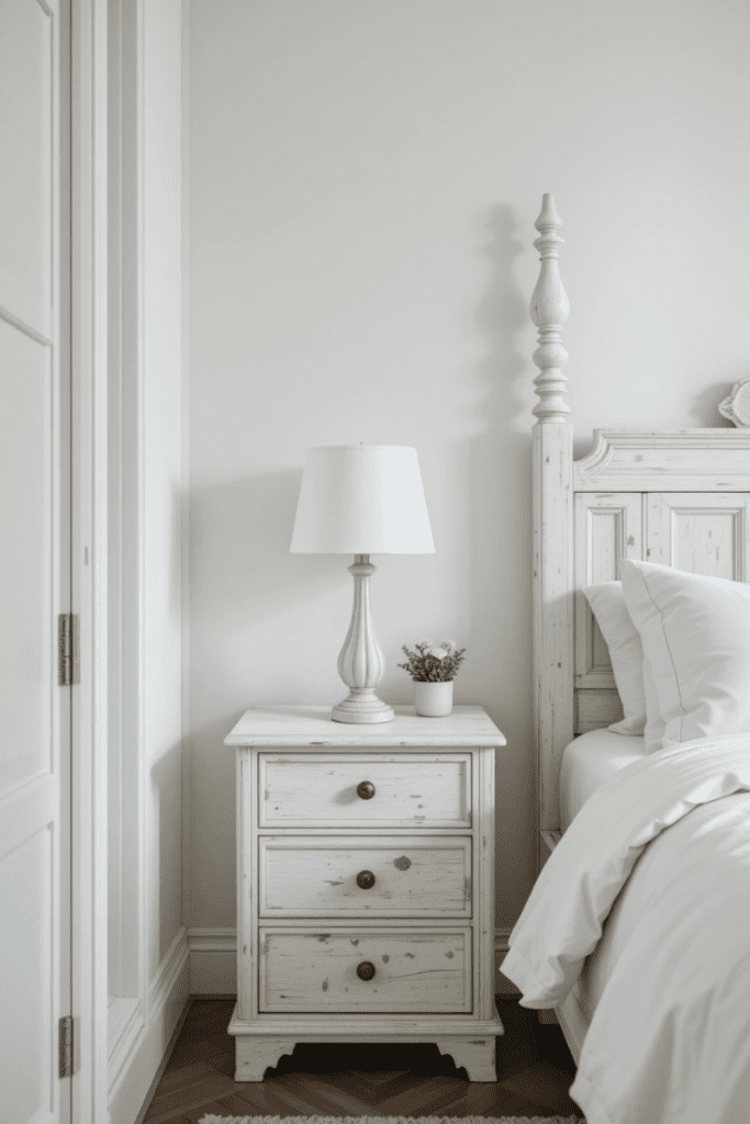 A white bedroom with white-washed wood furniture, adding subtle texture.