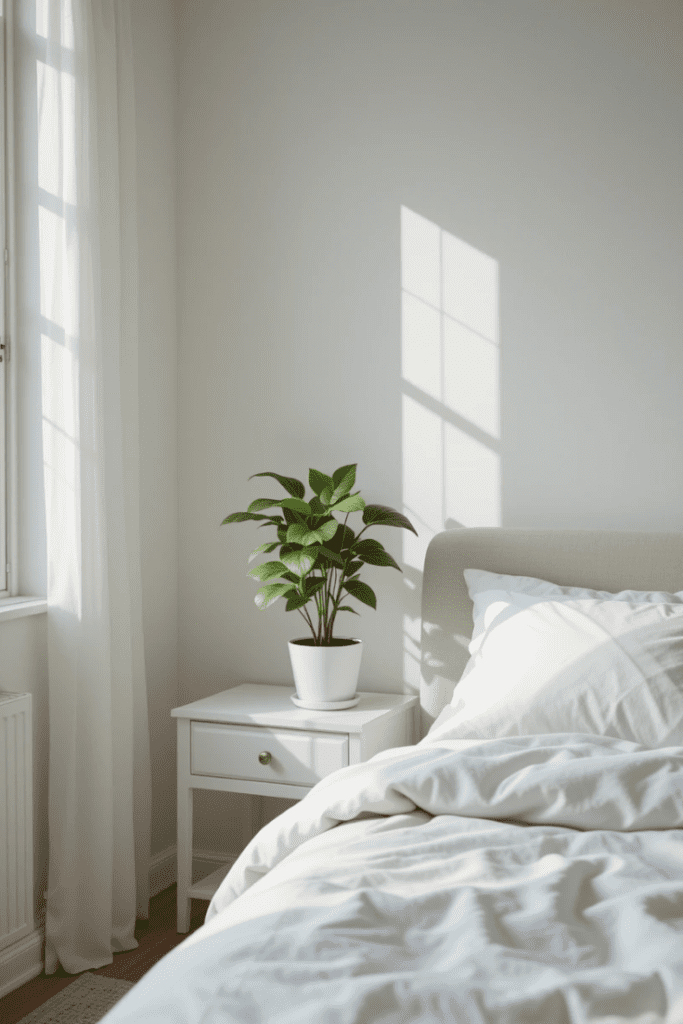 A white bedroom with a touch of greenery for freshness.