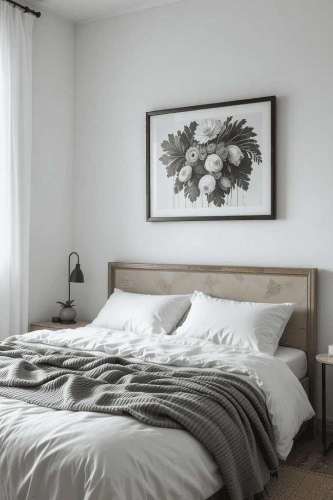 A white bedroom with simple black and white wall art.