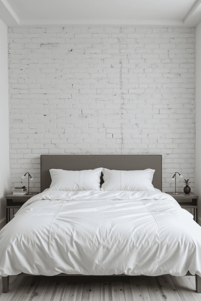 A white bedroom with a white brick wall for texture.