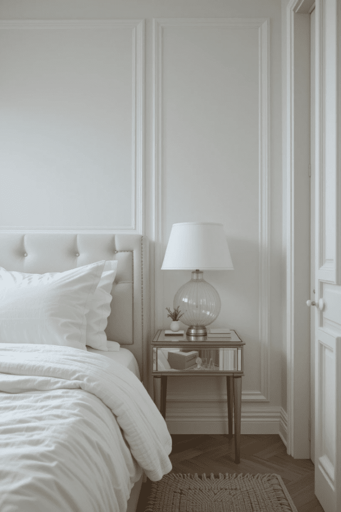 A white bedroom with a mirrored nightstand reflecting light.