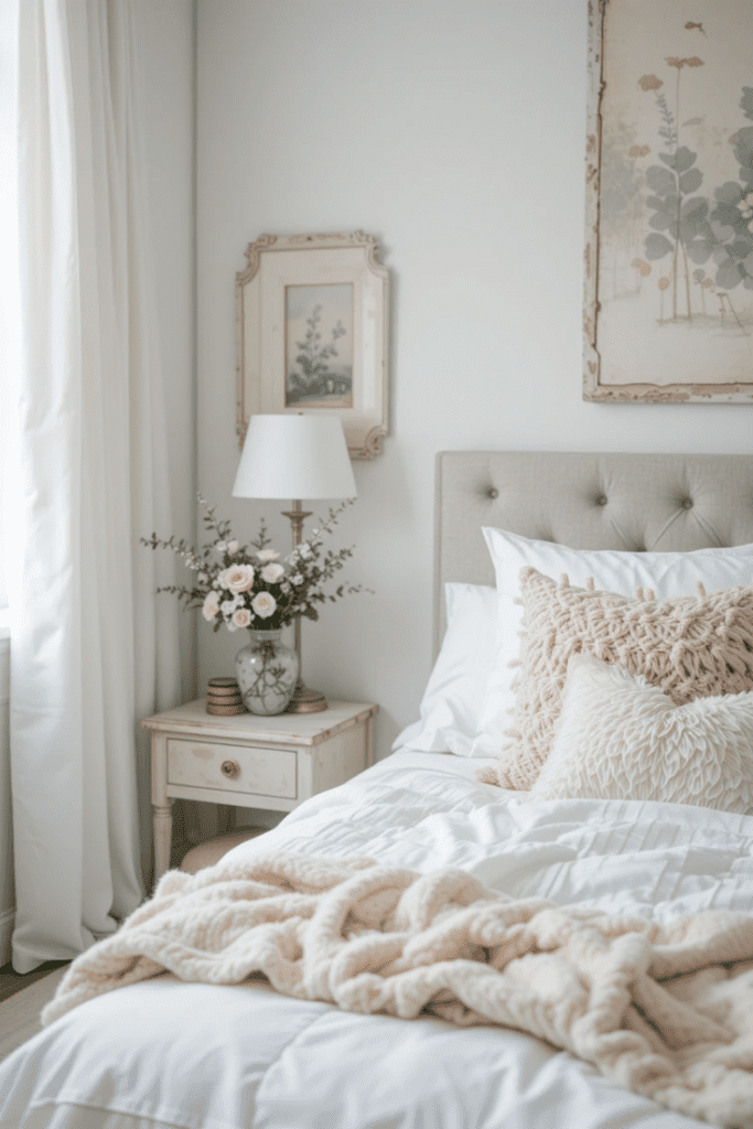 A white bedroom with a touch of pastel for softness.