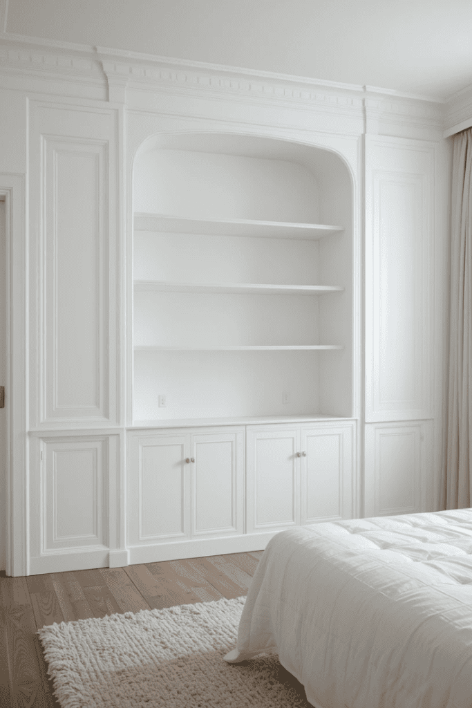 A white bedroom with built-in storage for a clean look.