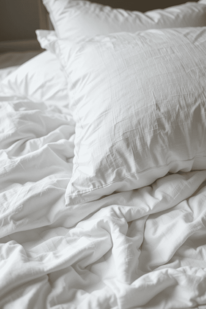 A white bedroom with fresh, neatly made bedding.