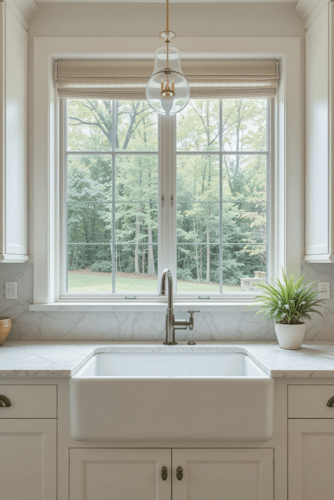 A farmhouse kitchen with a white apron-front sink under a large window, bringing in natural light.