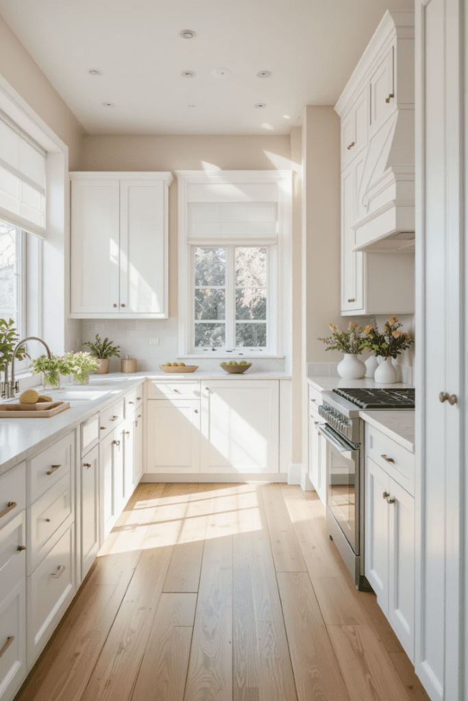 A bright kitchen with white cabinets and warm wood accents, creating a neutral color palette.